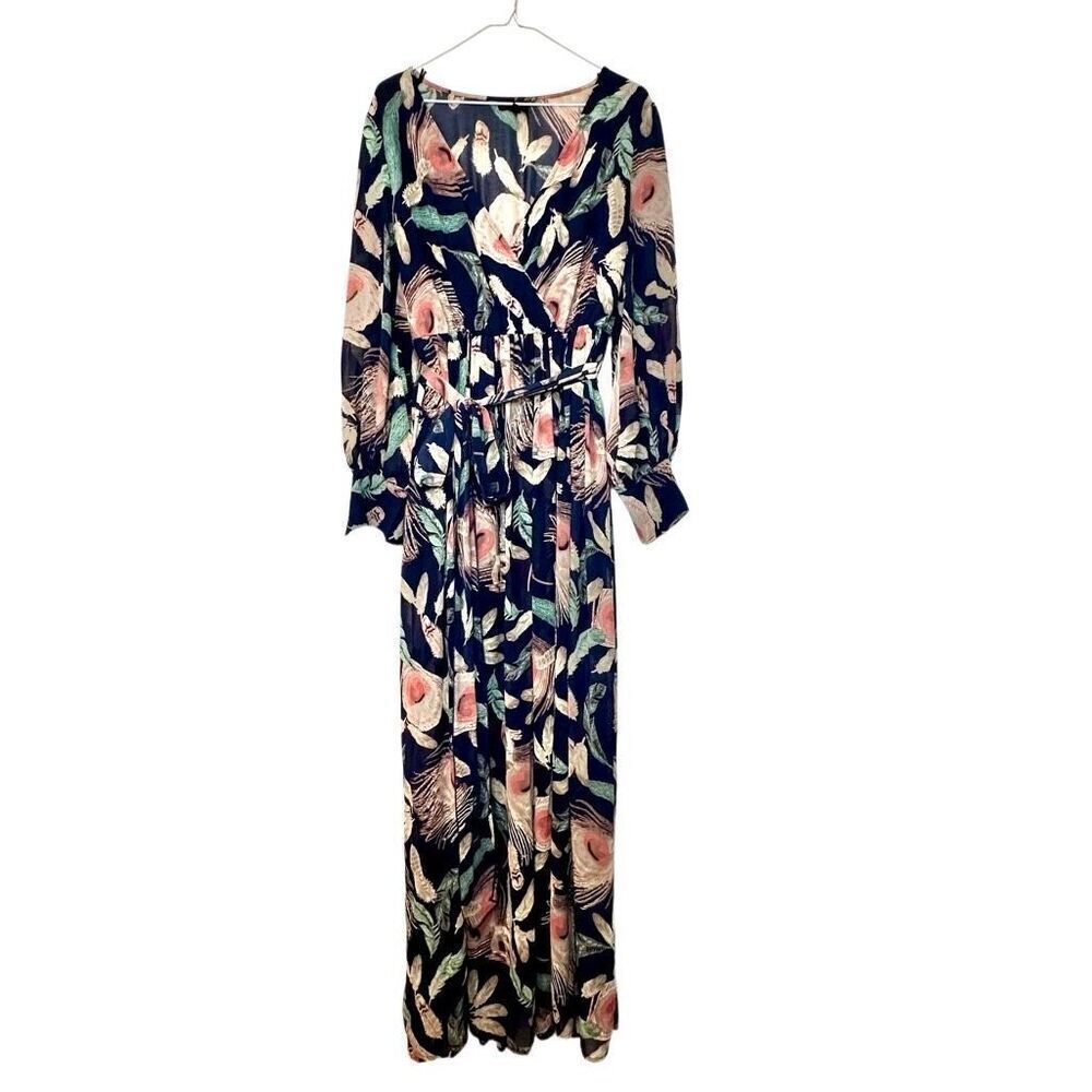 Miss Avenue Feather Print Tie Waist Long Sleeve Maxi Dress Multicolor Large